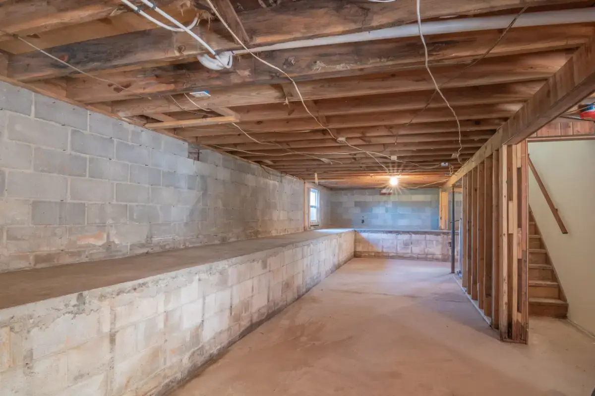 Basement block wall and exposed joists showing the services that need access before a ceiling is boarded