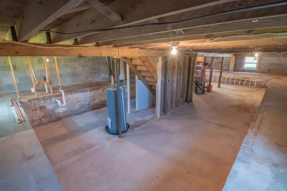 Unfinished Davenport basement with block foundation walls and open joists before drywall work begins