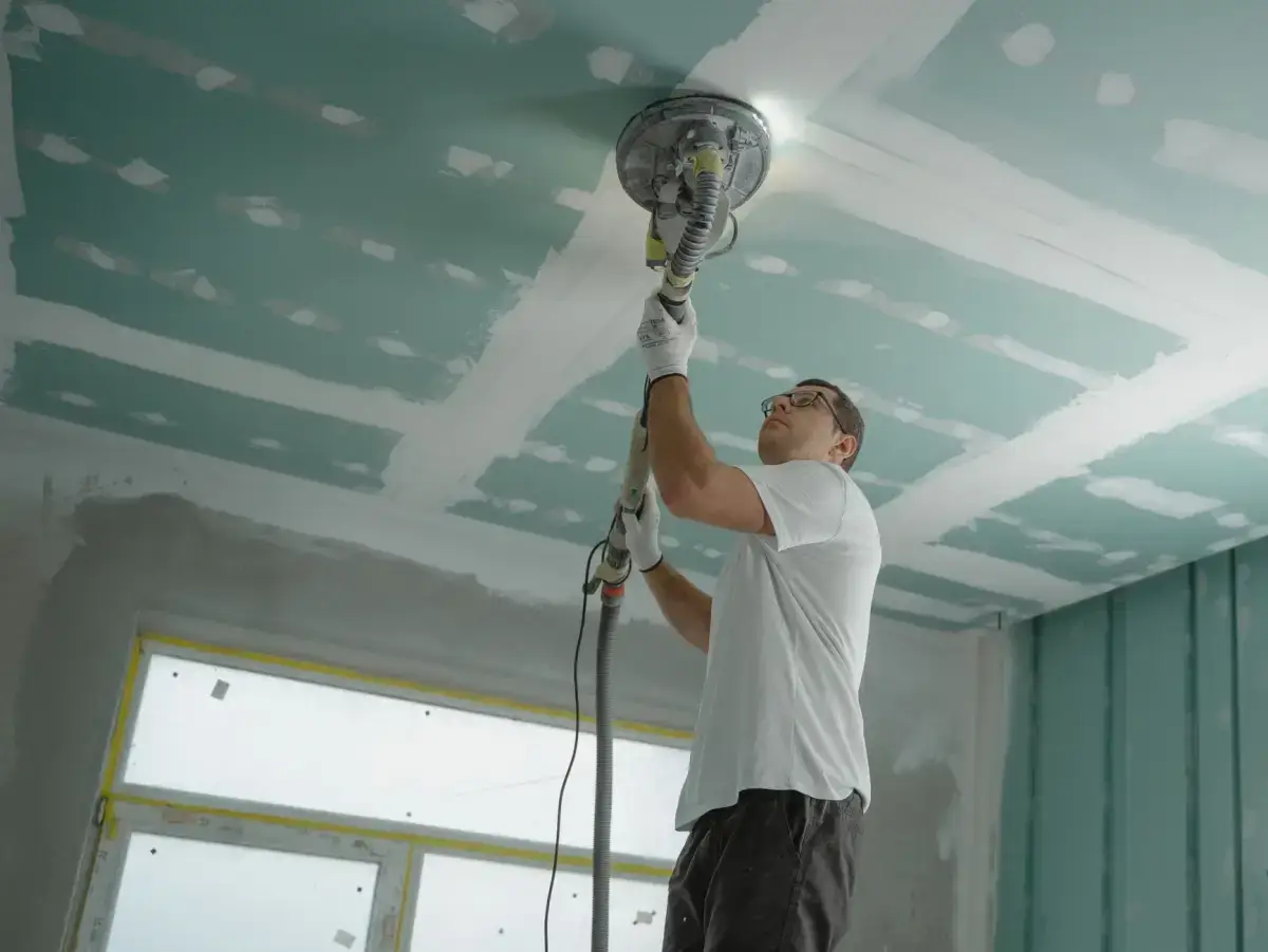 Ceiling drywall being sanded smooth overhead during a ceiling repair in Davenport