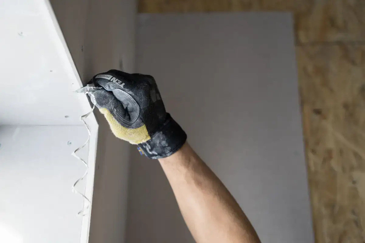 Joint compound being worked across a drywall patch with a taping knife on a Davenport drywall repair