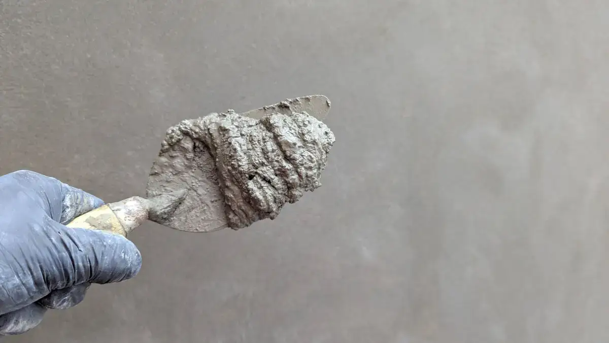 Close view of texture compound worked with a trowel, showing the grain the pattern will carry