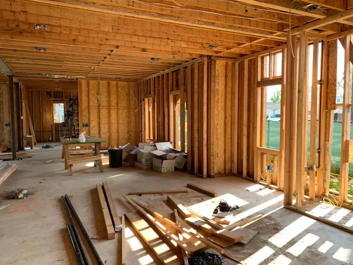Interior partition framing set out for a tenant build-out in a Davenport commercial space