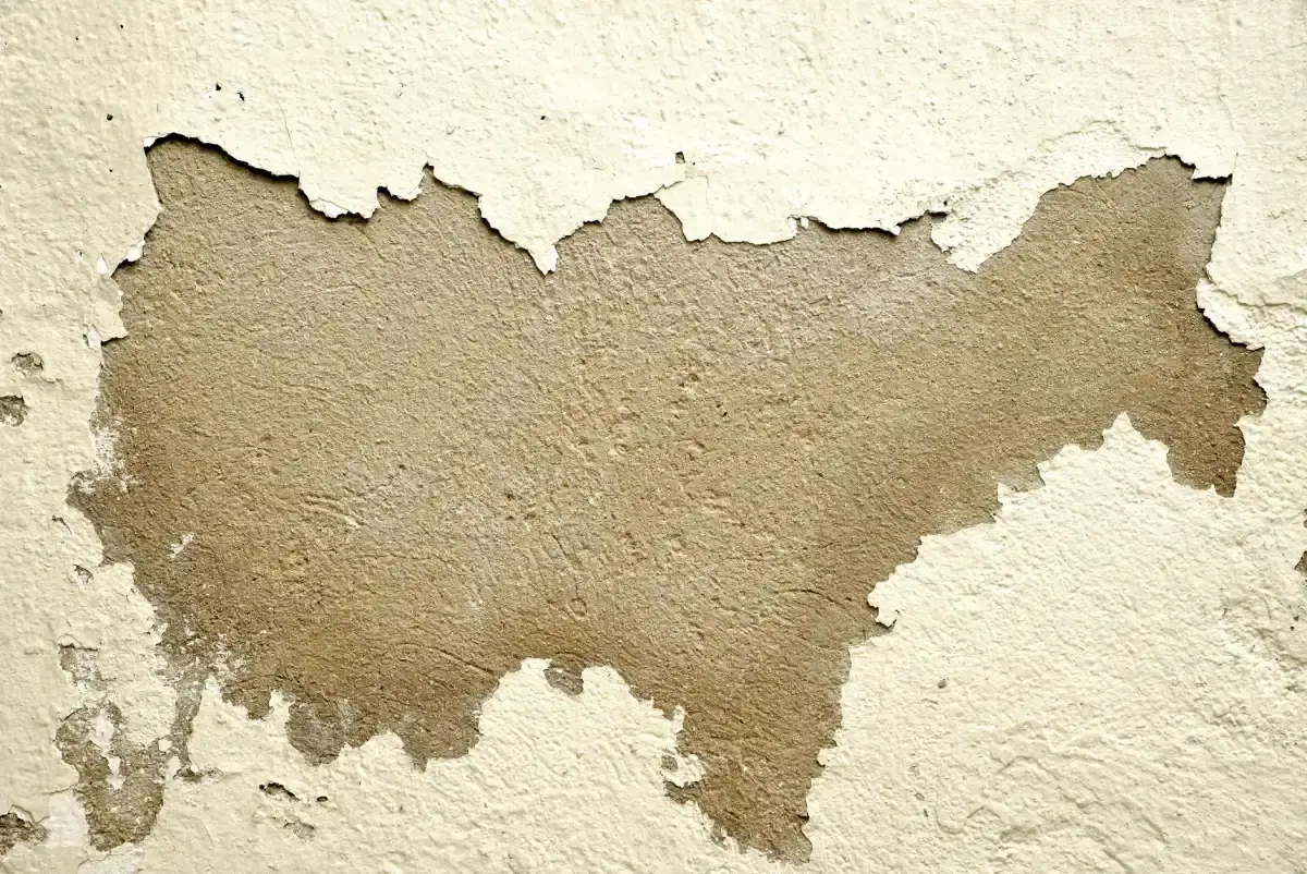 Wall surface where paint and texture have blistered and lifted after water reached the drywall